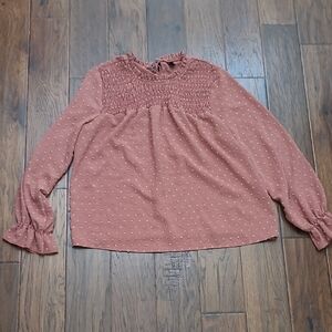 Shein Terracotta Textured Long Sleeve Top with Smocked Neck Front & Tie Back XL